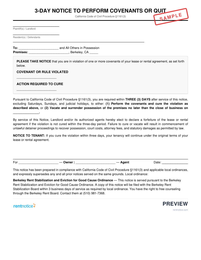 Preview of 3-Day Notice to Perform Covenants or Quit for Berkeley