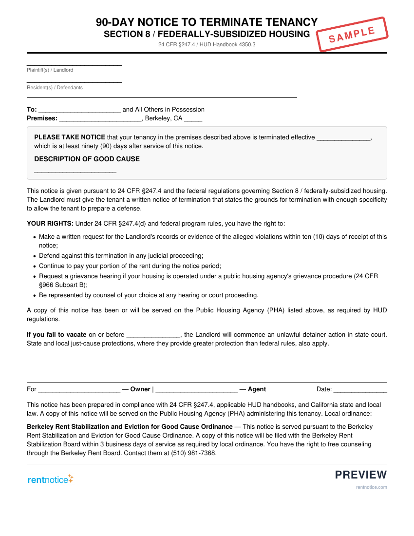 Preview of 90-Day Notice to Terminate Tenancy (Section 8) for Berkeley