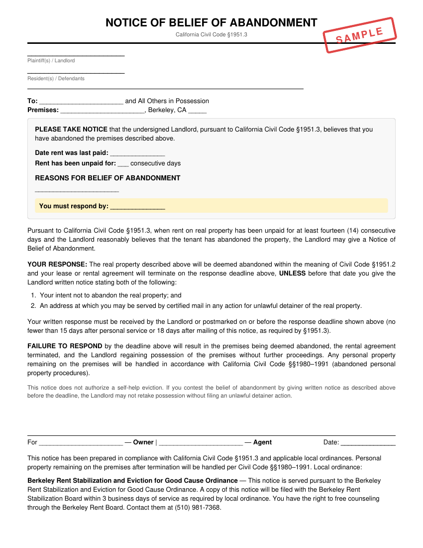 Preview of Notice of Belief of Abandonment for Berkeley