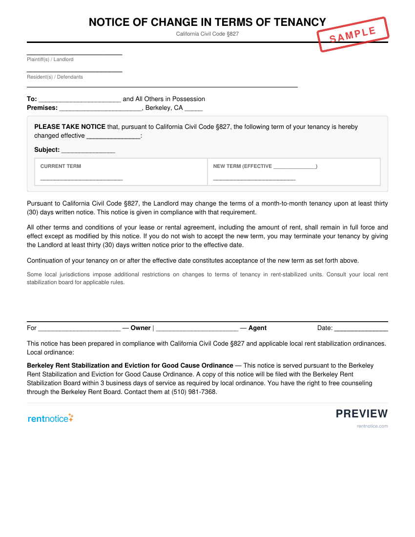 Preview of Notice of Change in Terms of Tenancy for Berkeley
