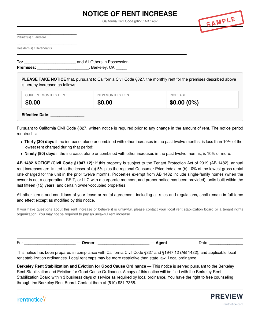 Preview of Rent Increase Notice for Berkeley