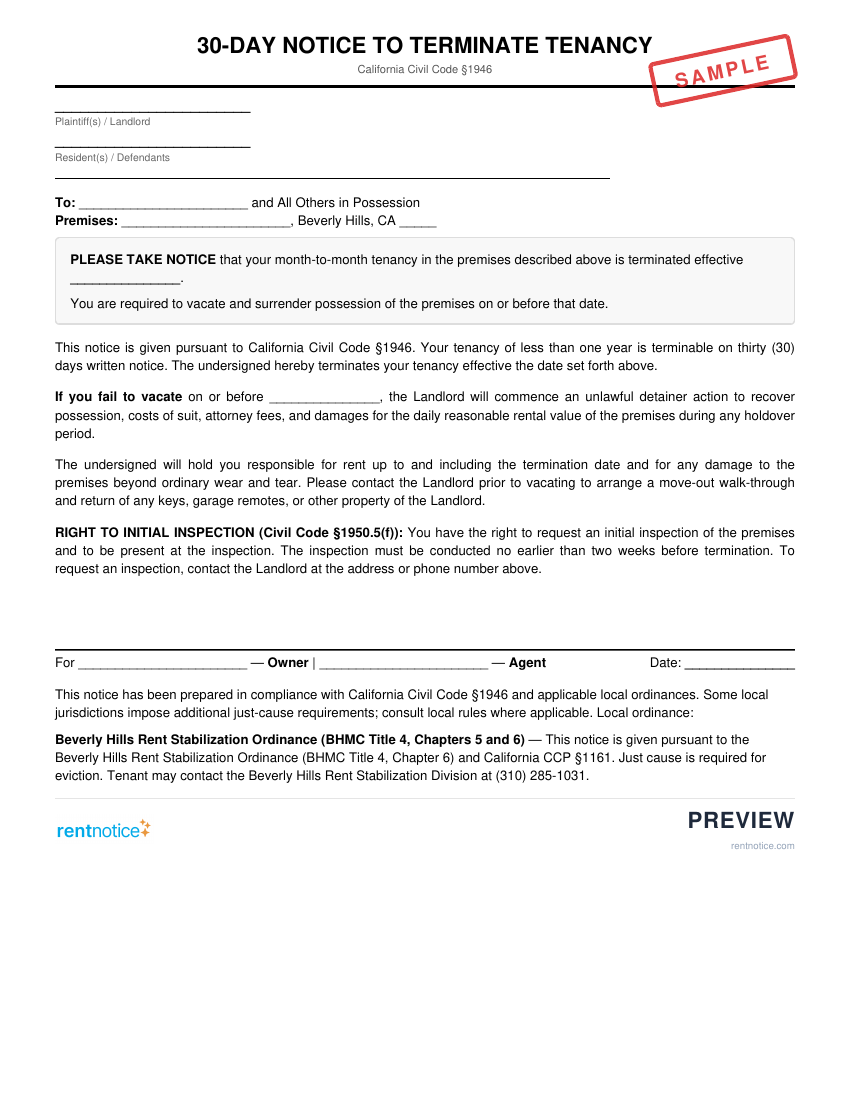 Preview of 30-Day Notice to Terminate Tenancy for Beverly Hills