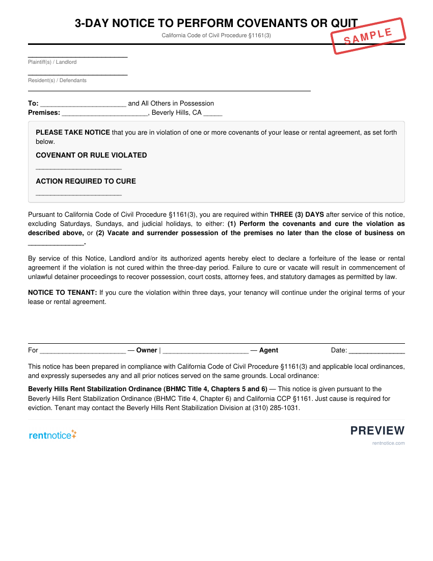 Preview of 3-Day Notice to Perform Covenants or Quit for Beverly Hills