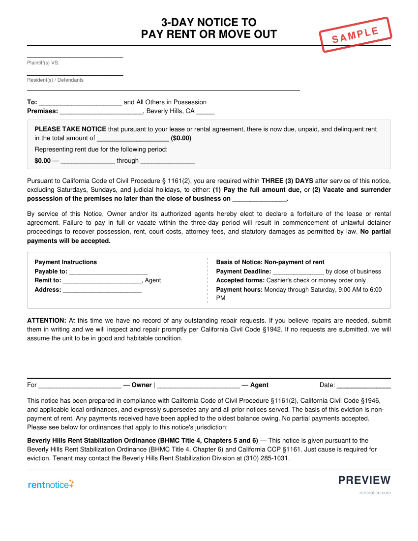 Preview of 3-Day Notice to Pay Rent or Quit for Beverly Hills