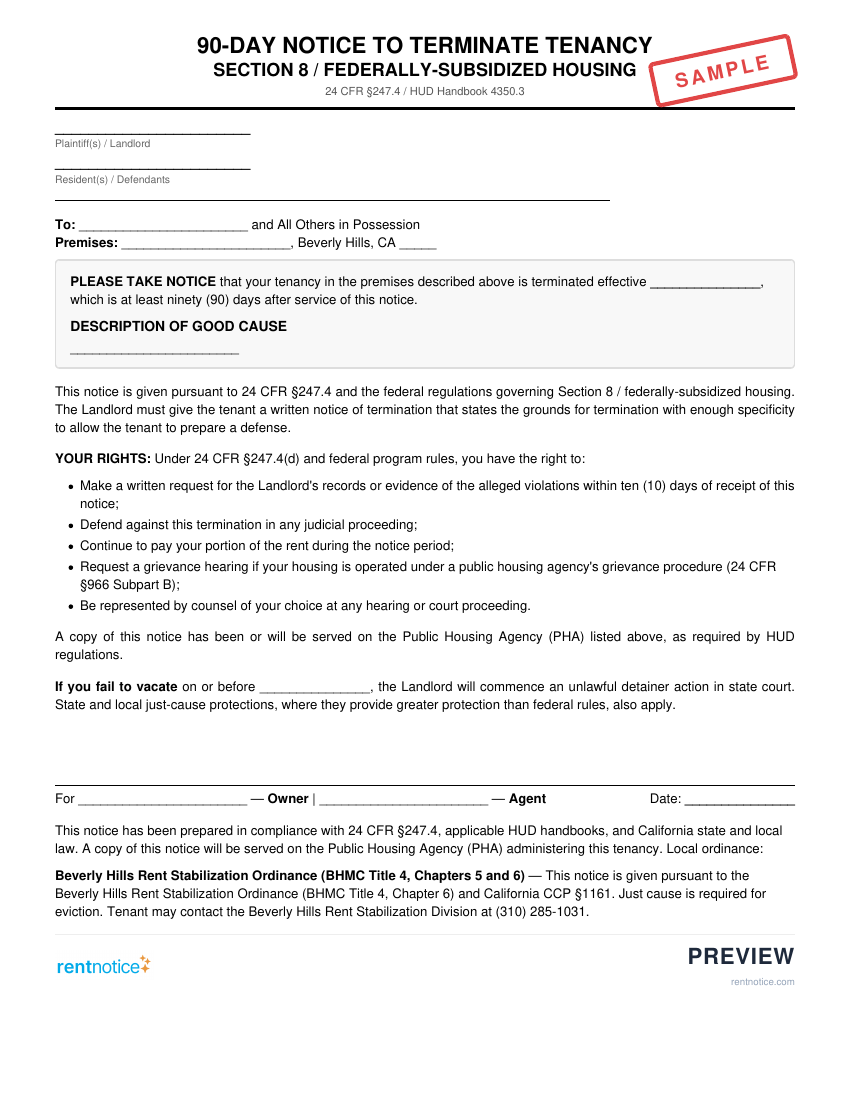 Preview of 90-Day Notice to Terminate Tenancy (Section 8) for Beverly Hills