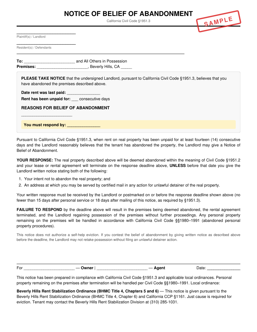 Preview of Notice of Belief of Abandonment for Beverly Hills