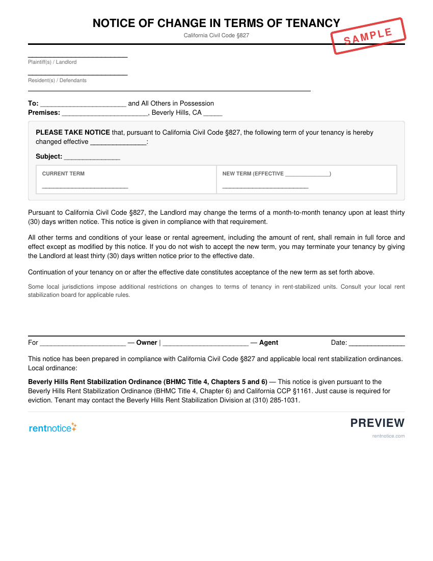 Preview of Notice of Change in Terms of Tenancy for Beverly Hills