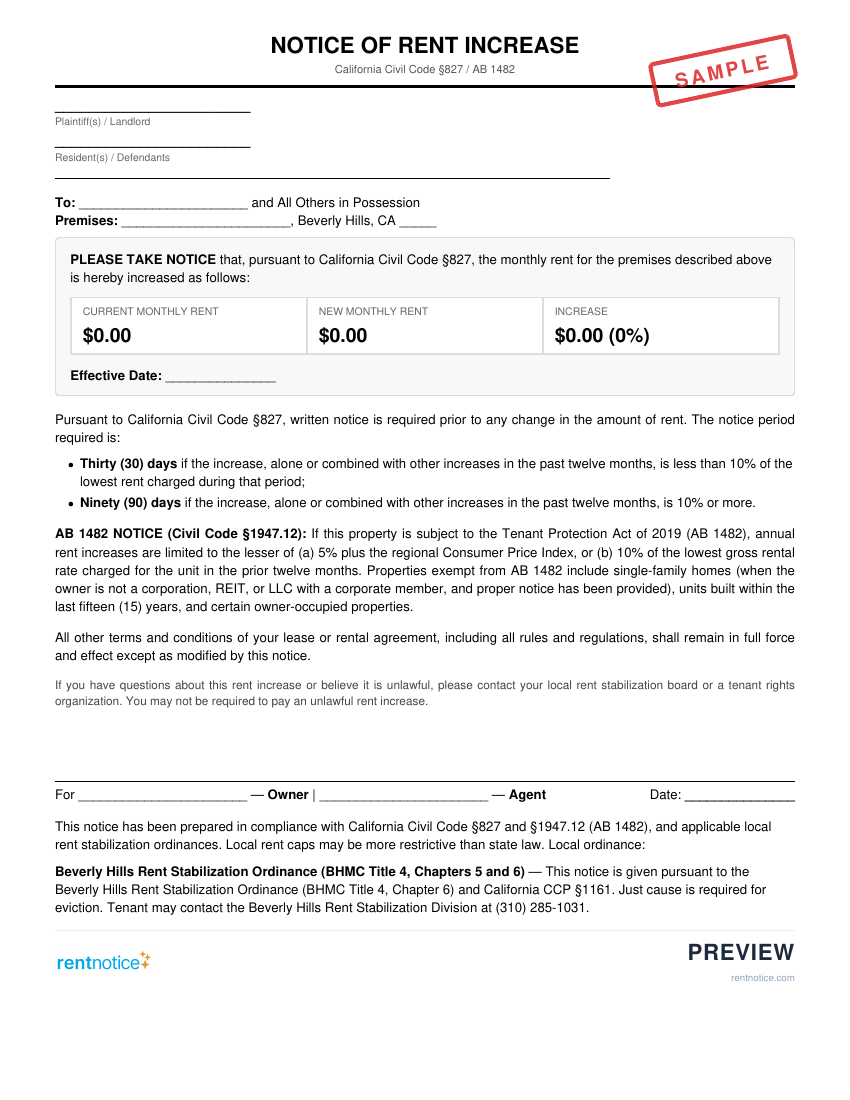Preview of Rent Increase Notice for Beverly Hills