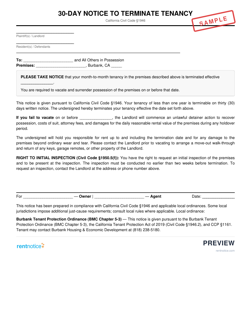 Preview of 30-Day Notice to Terminate Tenancy for Burbank