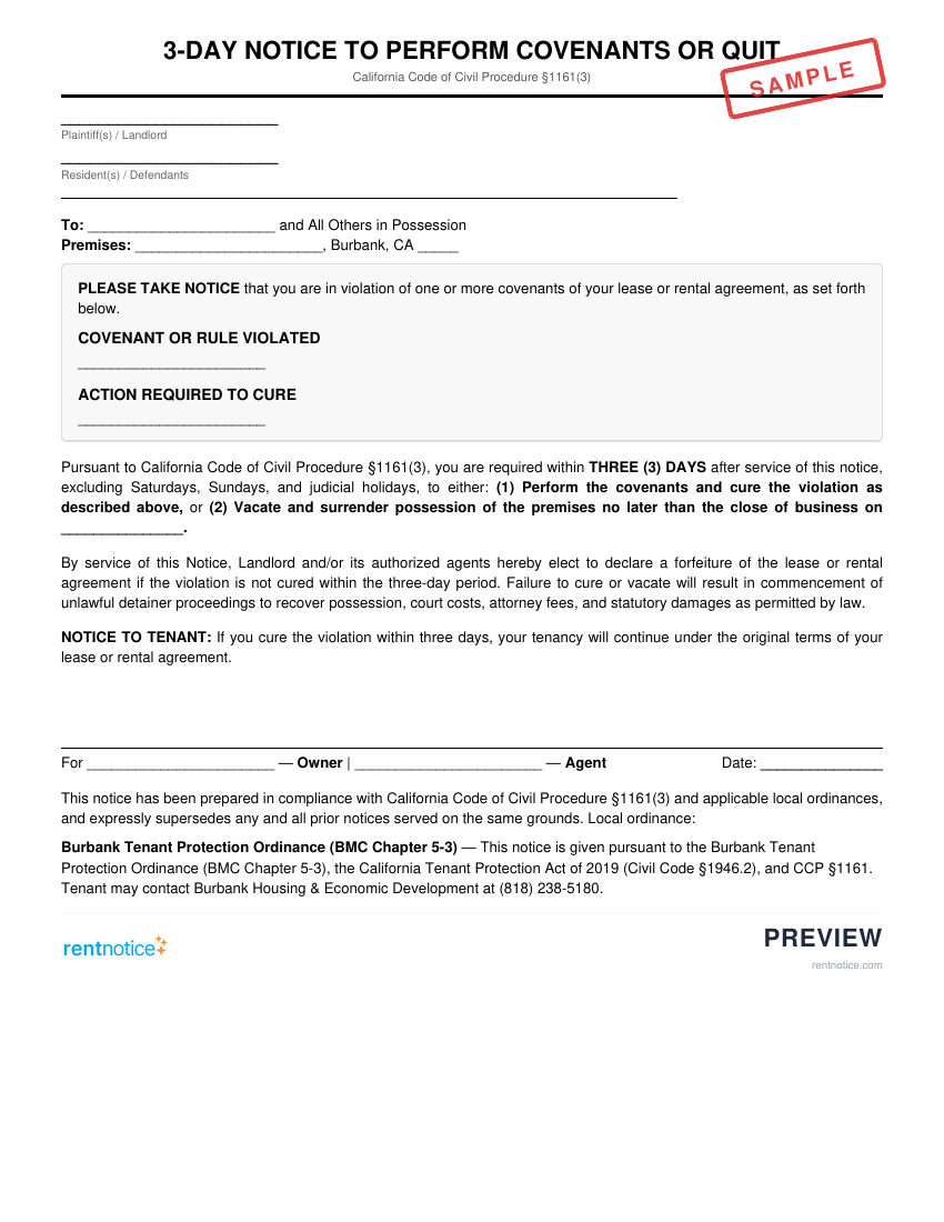 Preview of 3-Day Notice to Perform Covenants or Quit for Burbank