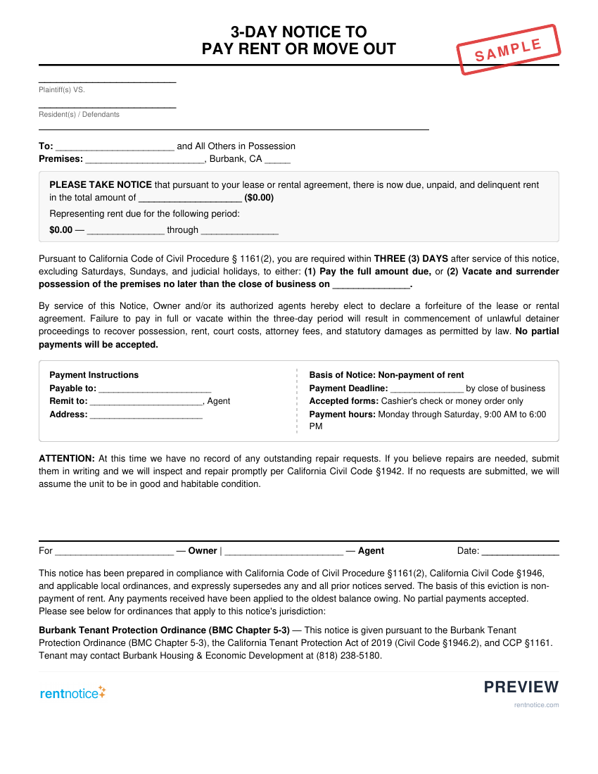Preview of 3-Day Notice to Pay Rent or Quit for Burbank