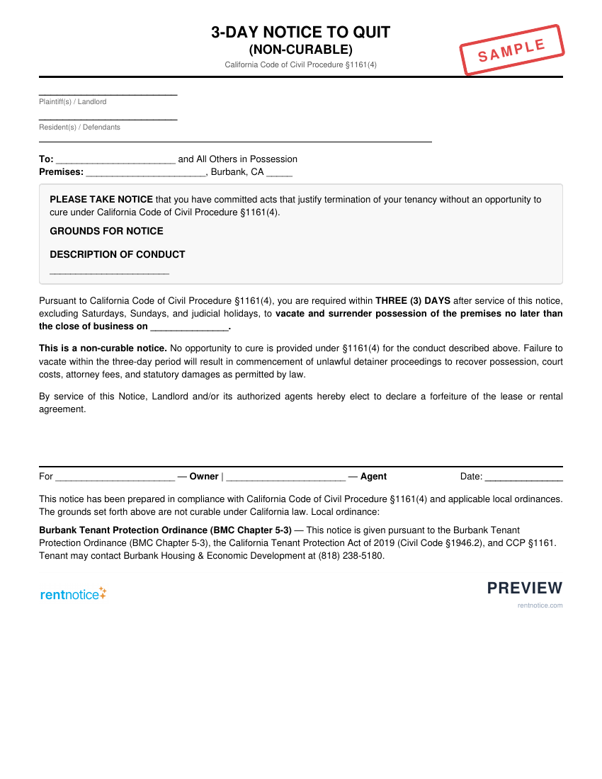 Preview of 3-Day Notice to Quit (Non-Curable) for Burbank