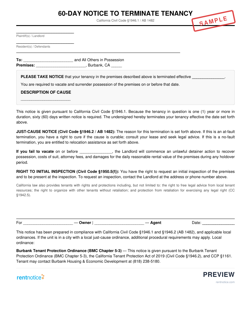 Preview of 60-Day Notice to Terminate Tenancy for Burbank