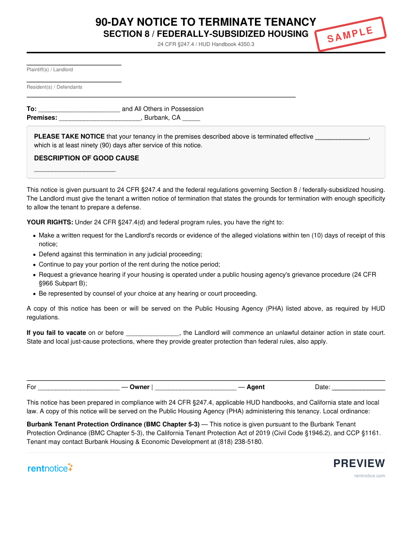 Preview of 90-Day Notice to Terminate Tenancy (Section 8) for Burbank