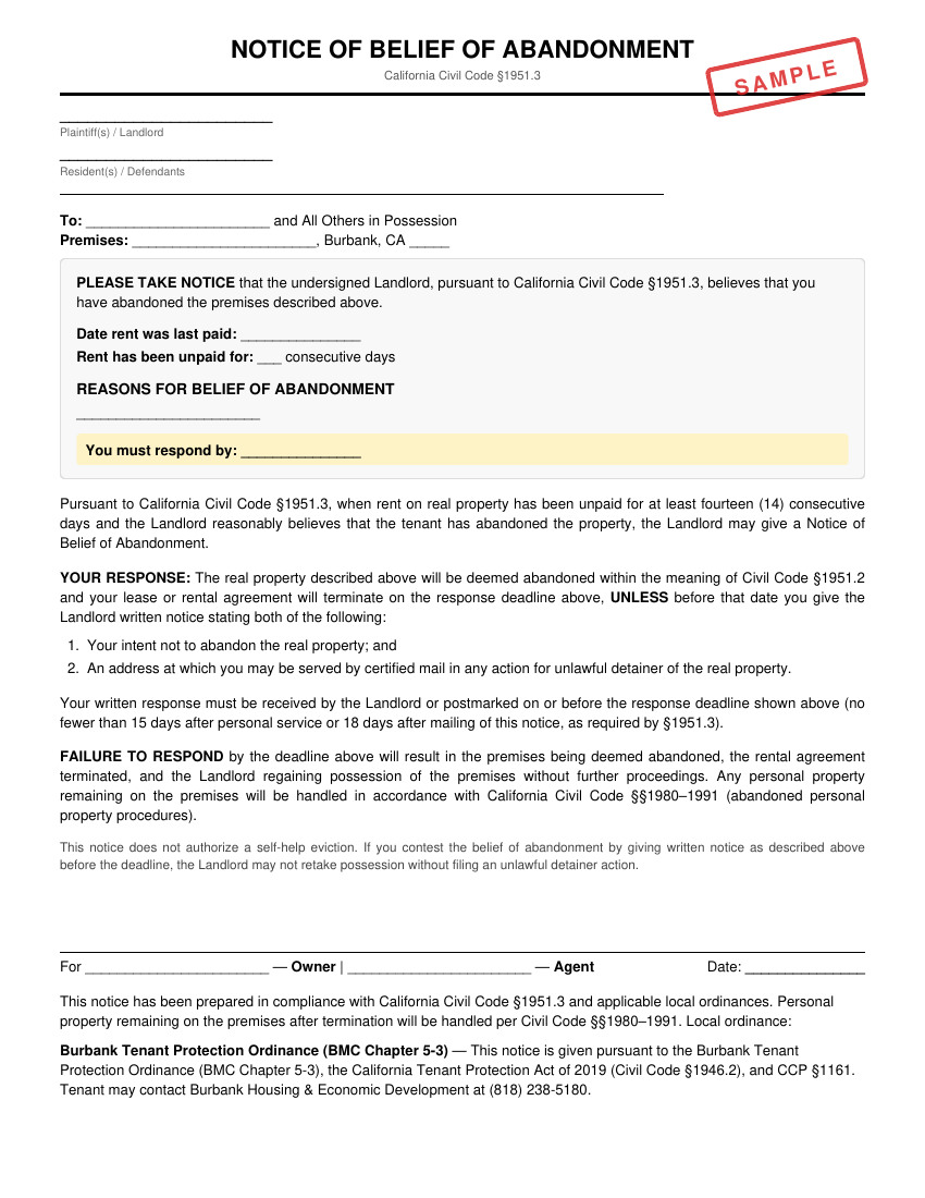 Preview of Notice of Belief of Abandonment for Burbank
