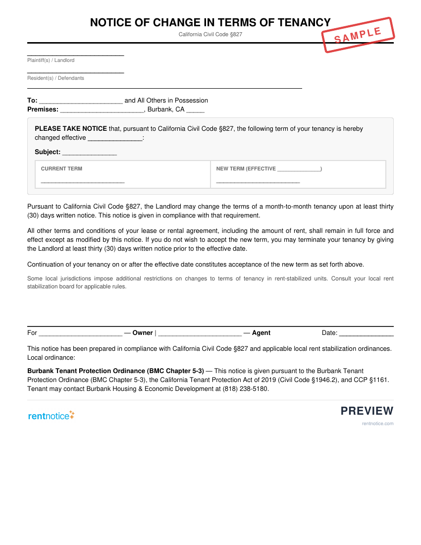 Preview of Notice of Change in Terms of Tenancy for Burbank
