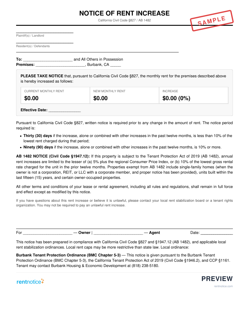 Preview of Rent Increase Notice for Burbank