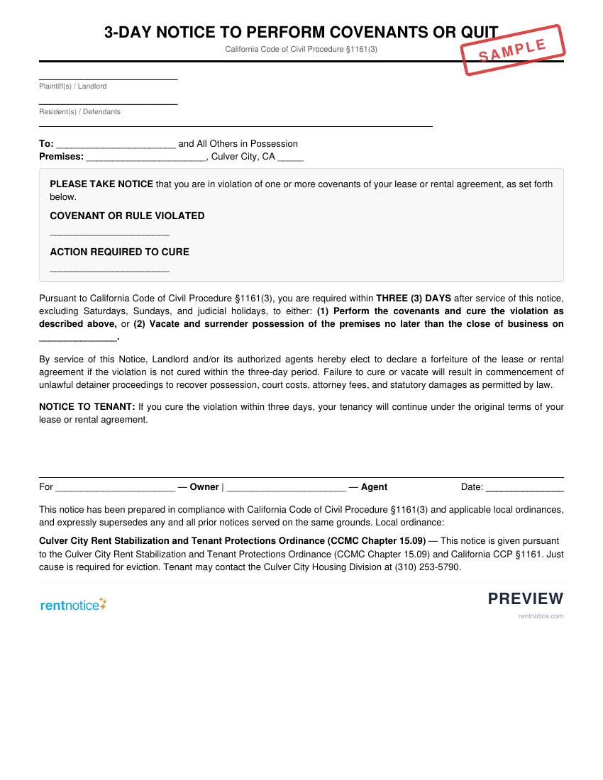 Preview of 3-Day Notice to Perform Covenants or Quit for Culver City
