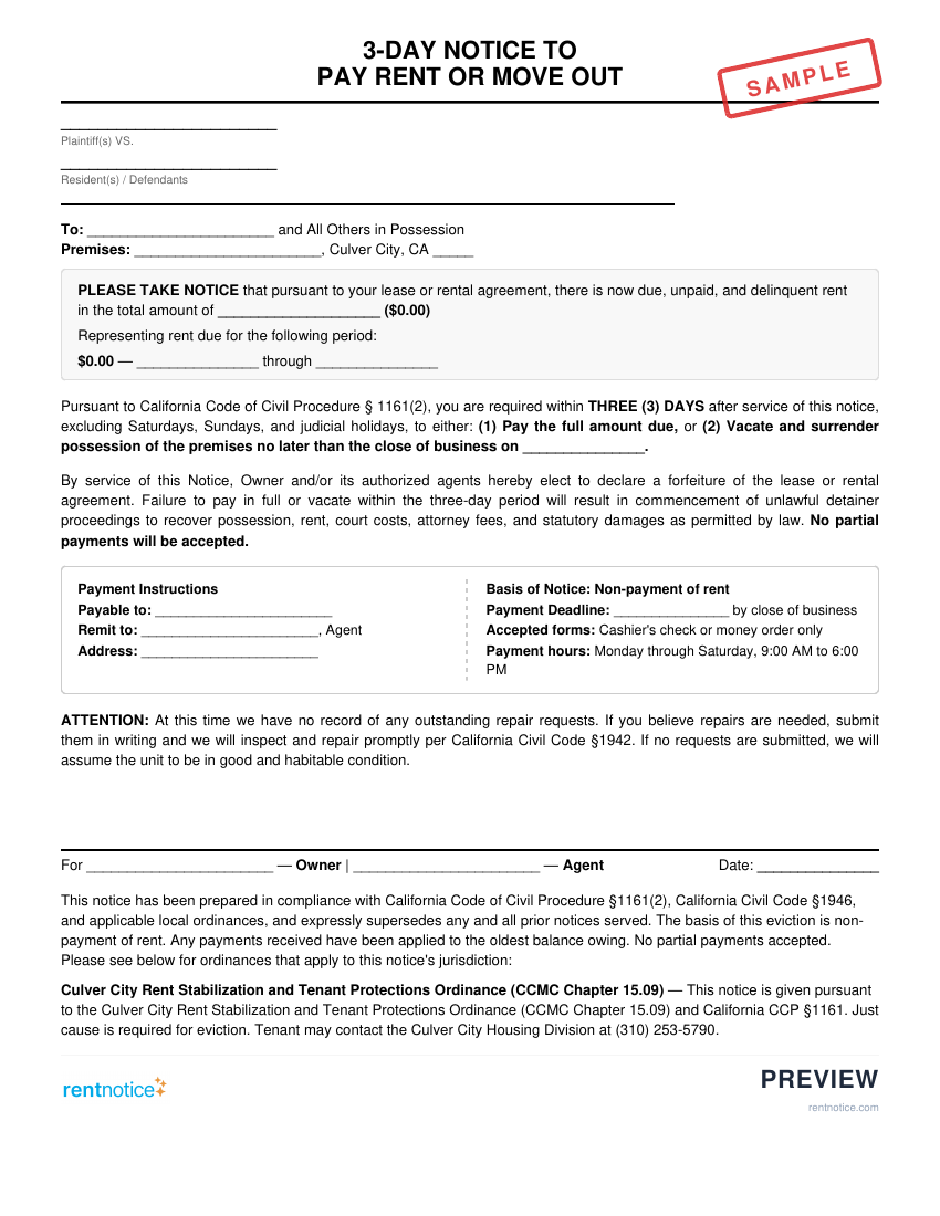 Preview of 3-Day Notice to Pay Rent or Quit for Culver City