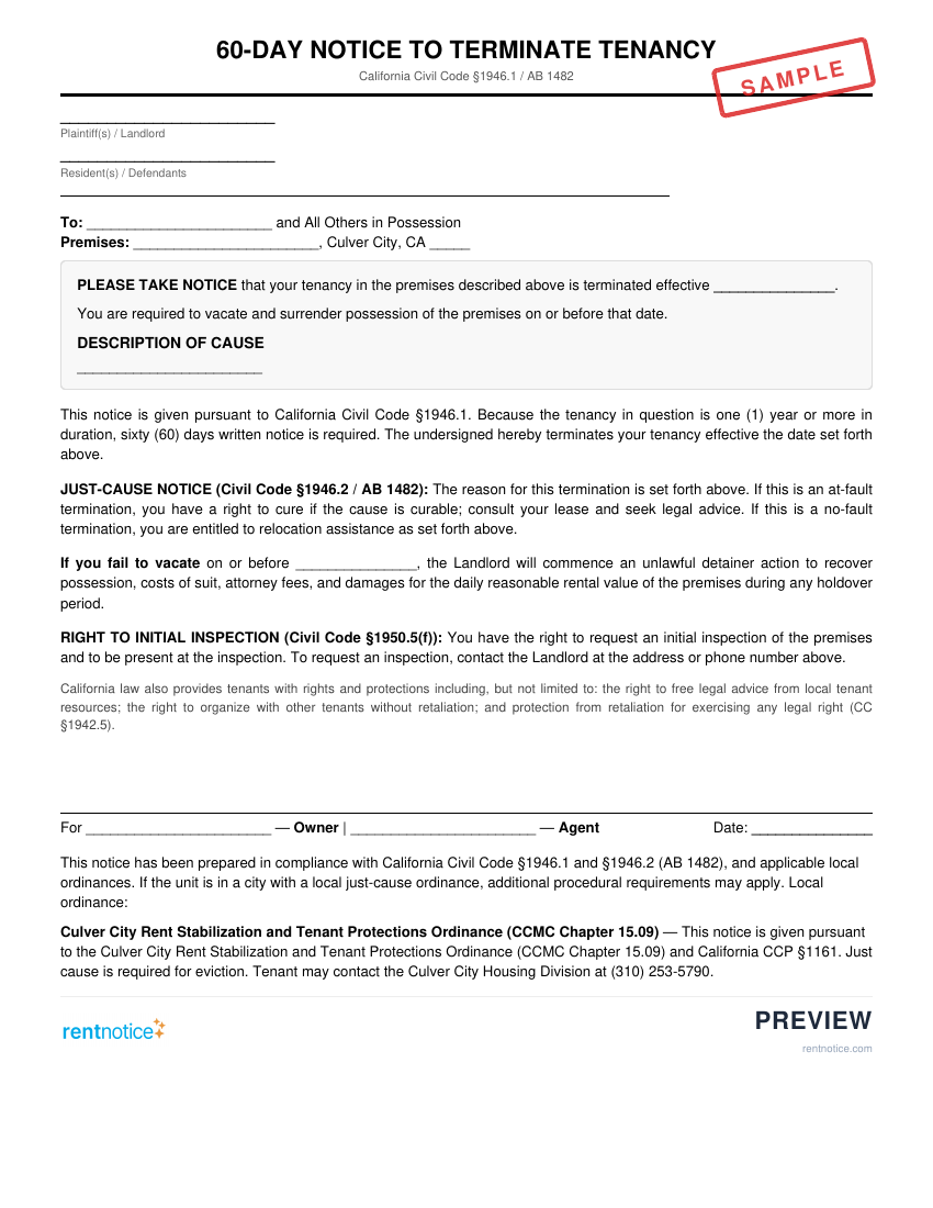 Preview of 60-Day Notice to Terminate Tenancy for Culver City