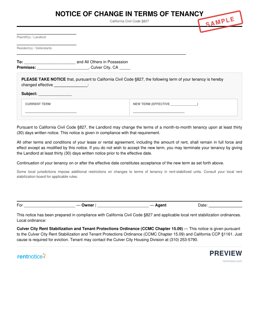 Preview of Notice of Change in Terms of Tenancy for Culver City