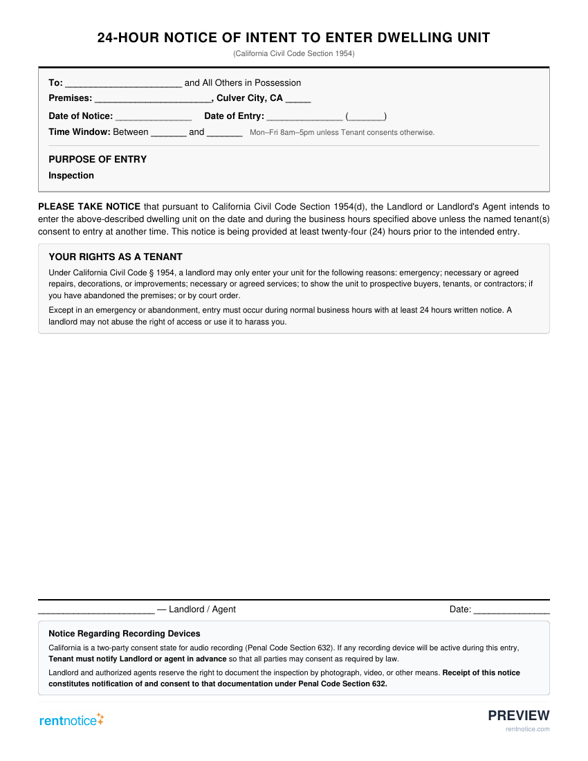 Preview of 24-Hour Notice to Enter for Culver City