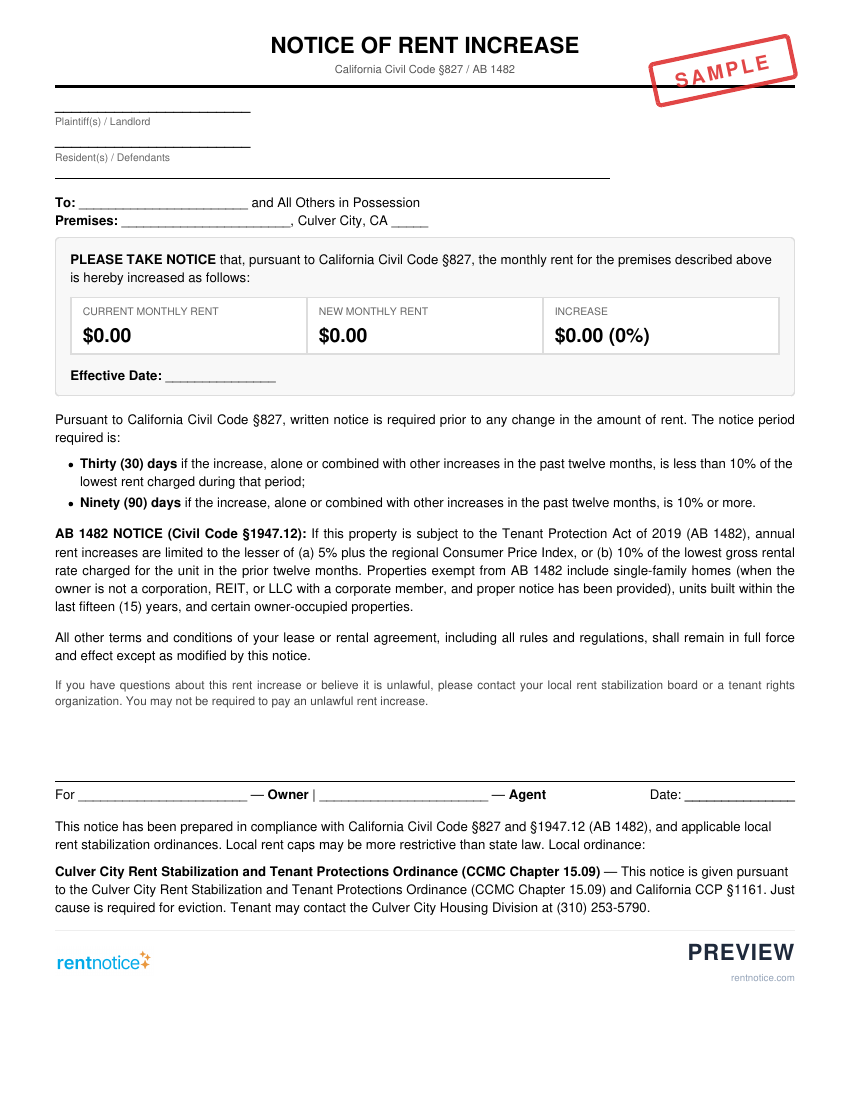 Preview of Rent Increase Notice for Culver City