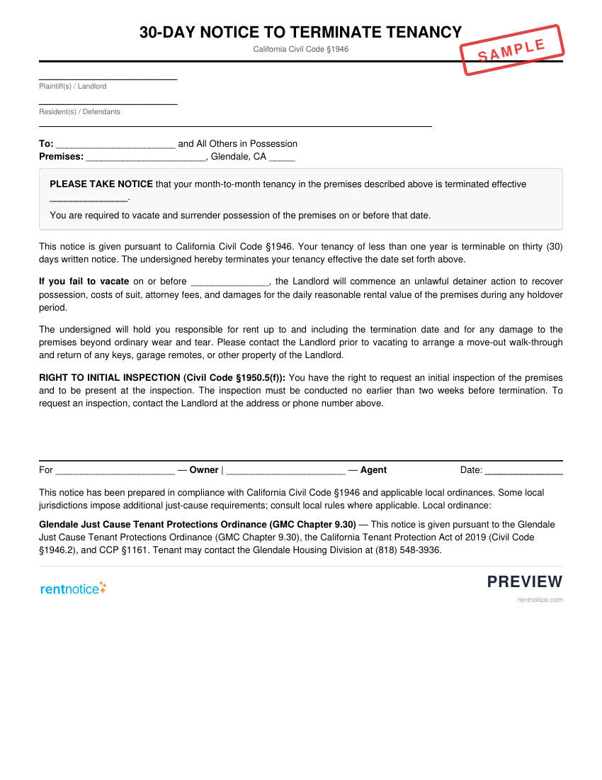 Preview of 30-Day Notice to Terminate Tenancy for Glendale