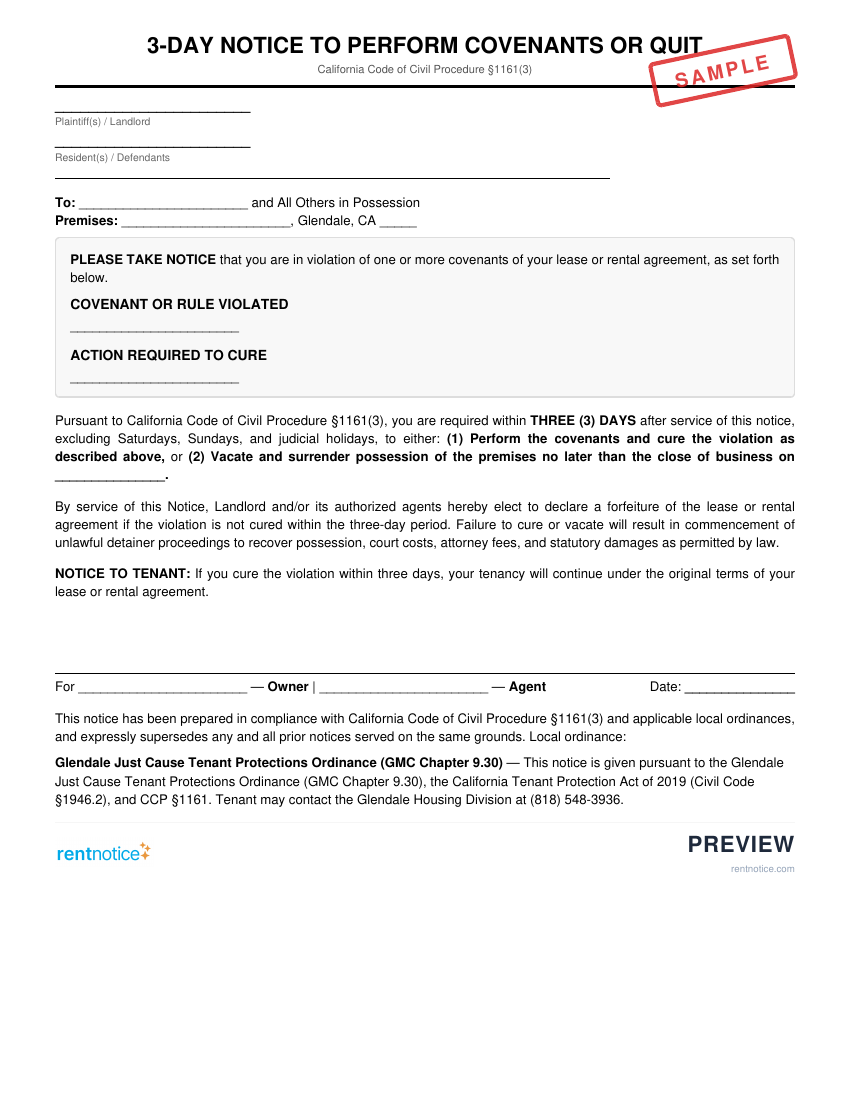 Preview of 3-Day Notice to Perform Covenants or Quit for Glendale