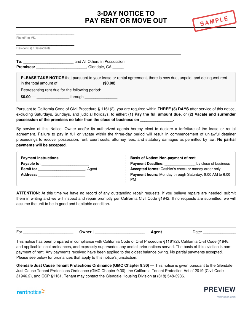 Preview of 3-Day Notice to Pay Rent or Quit for Glendale