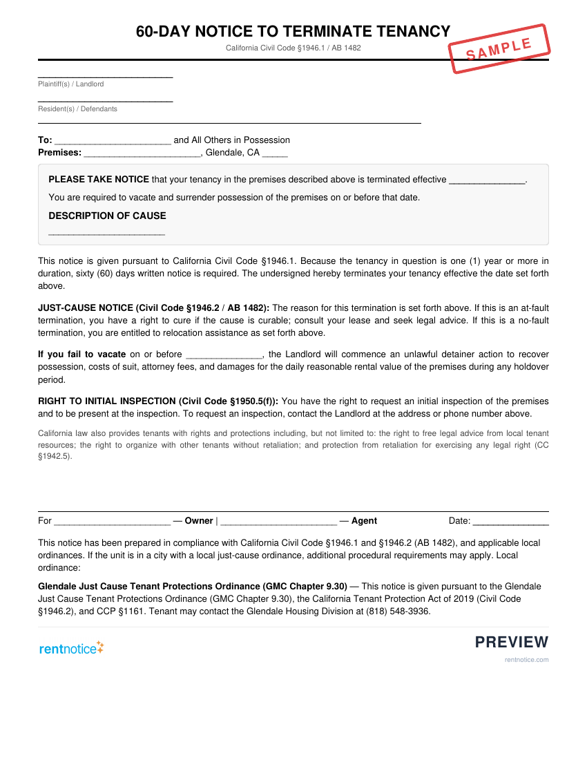 Preview of 60-Day Notice to Terminate Tenancy for Glendale