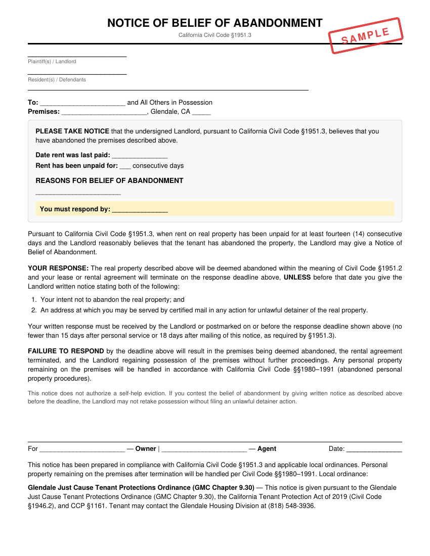 Preview of Notice of Belief of Abandonment for Glendale