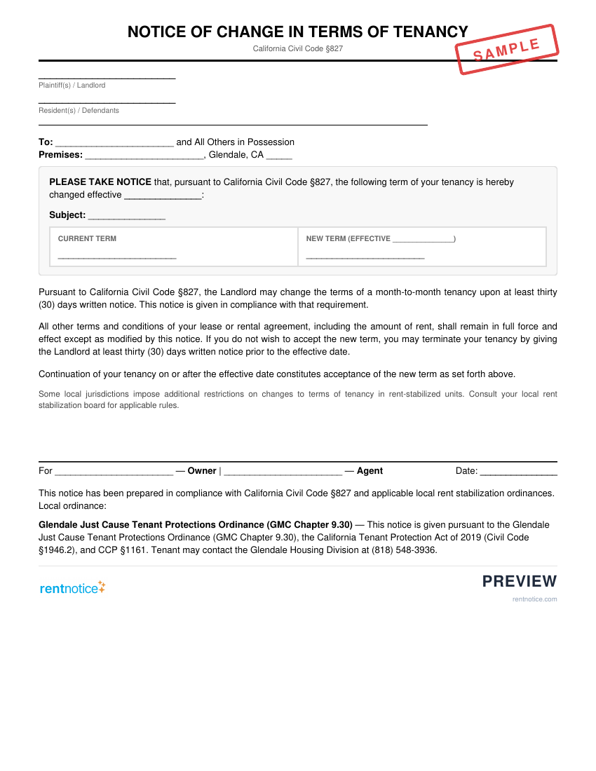 Preview of Notice of Change in Terms of Tenancy for Glendale