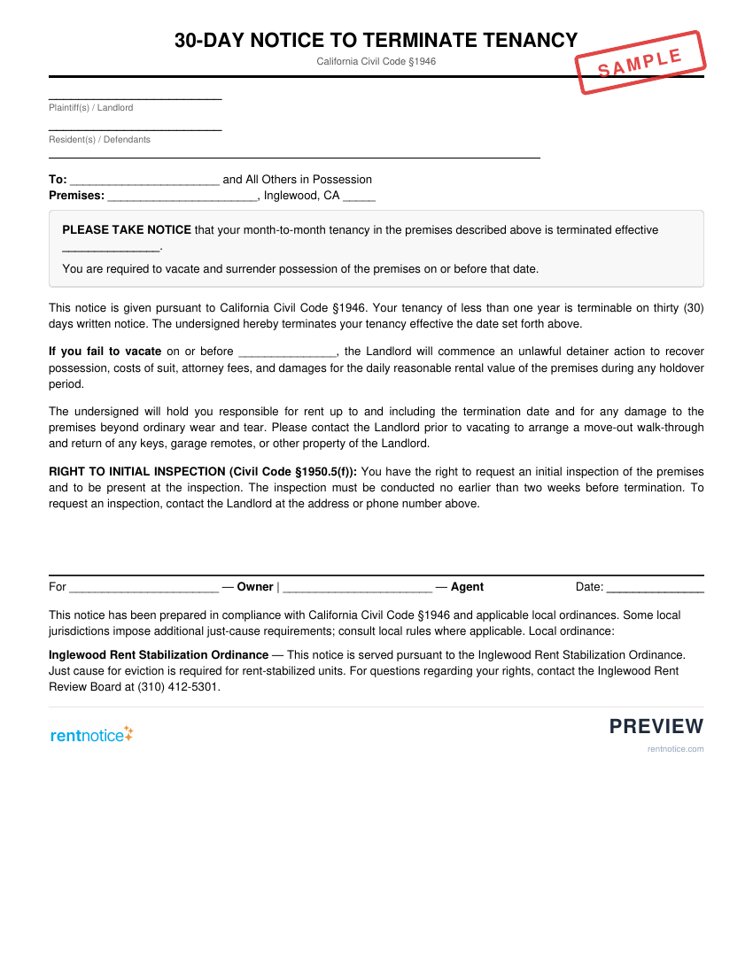 Preview of 30-Day Notice to Terminate Tenancy for Inglewood