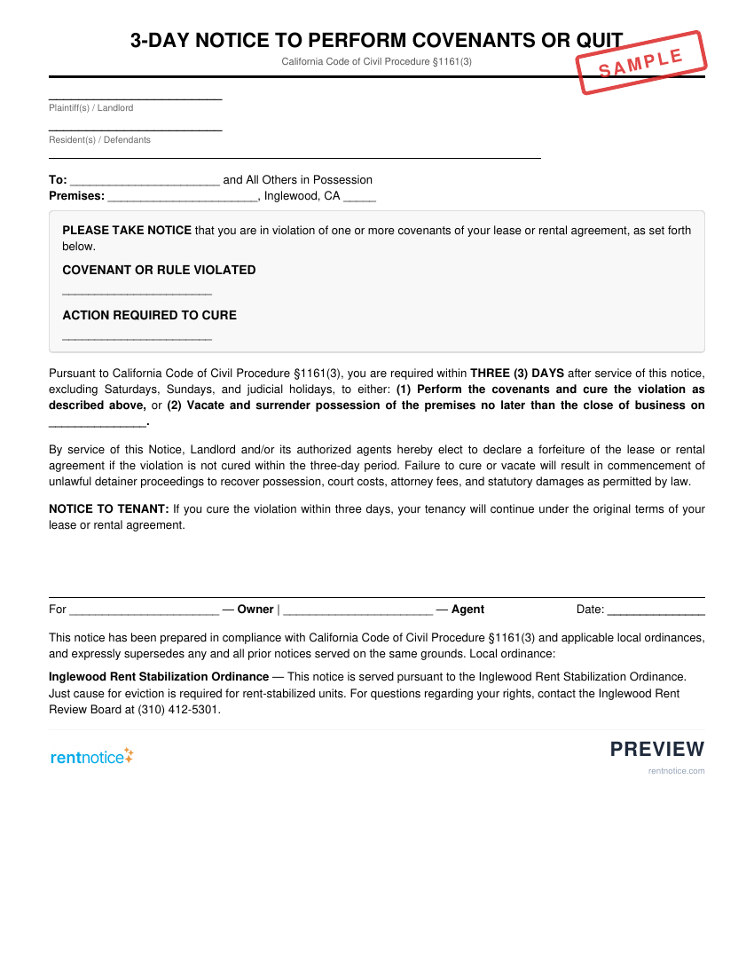 Preview of 3-Day Notice to Perform Covenants or Quit for Inglewood
