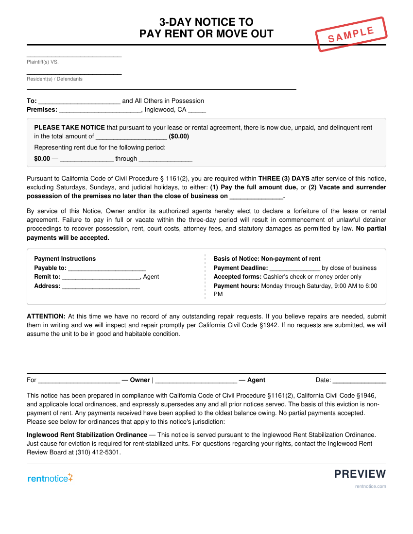 Preview of 3-Day Notice to Pay Rent or Quit for Inglewood