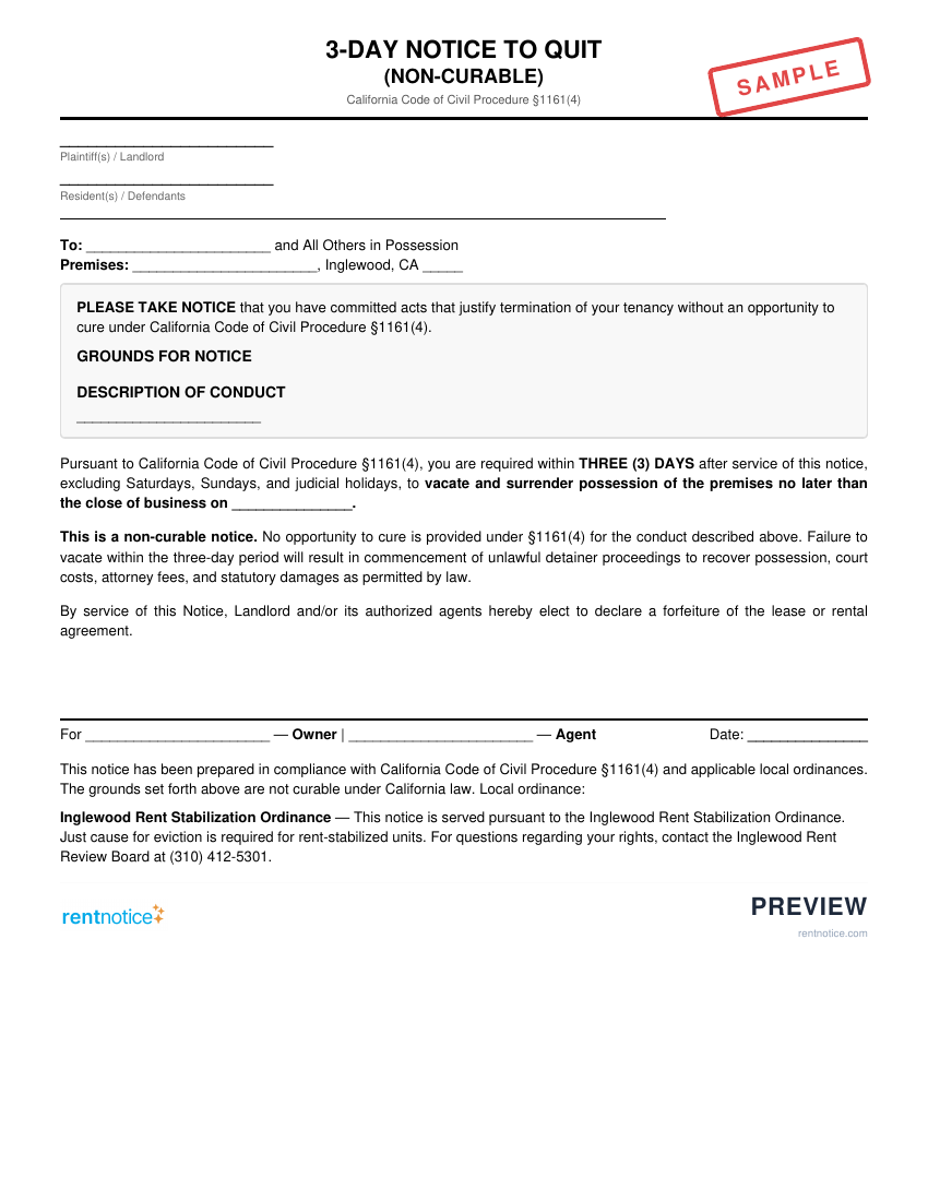 Preview of 3-Day Notice to Quit (Non-Curable) for Inglewood