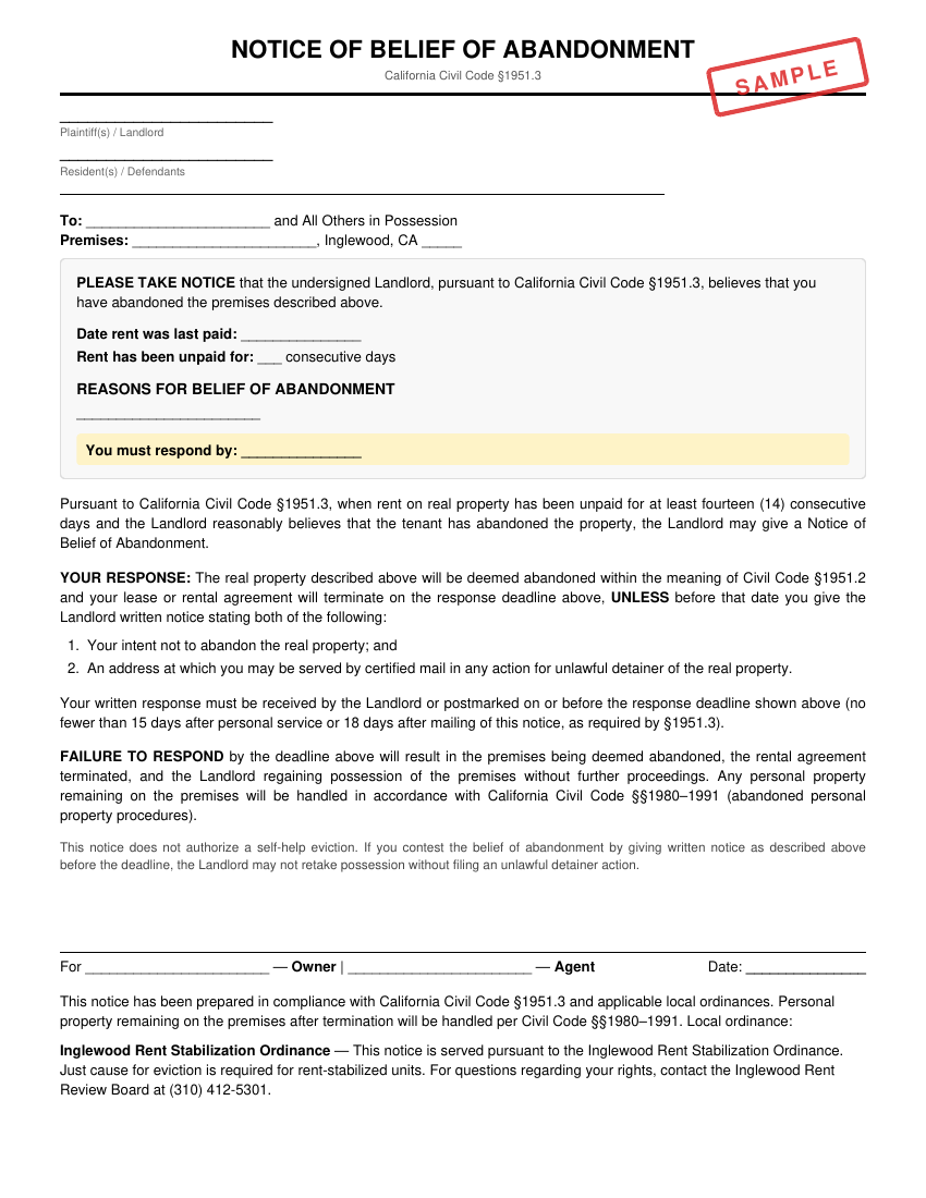 Preview of Notice of Belief of Abandonment for Inglewood
