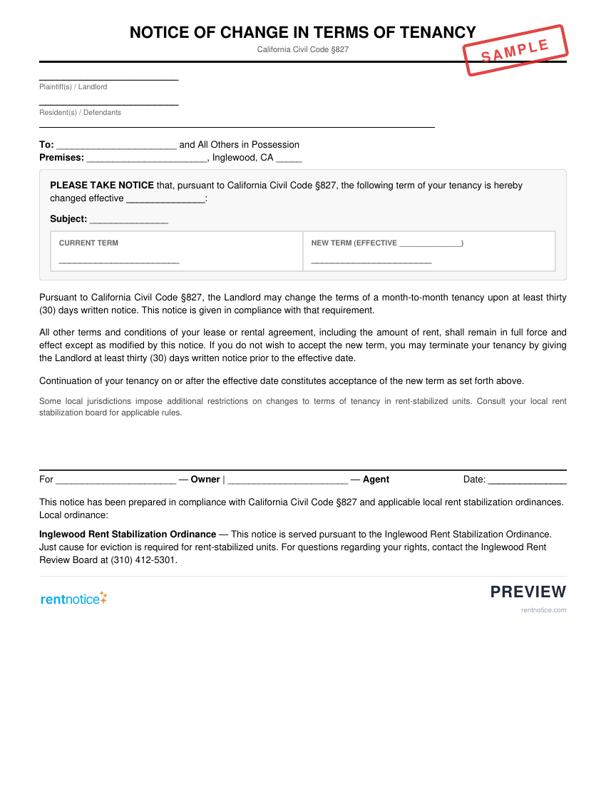 Preview of Notice of Change in Terms of Tenancy for Inglewood