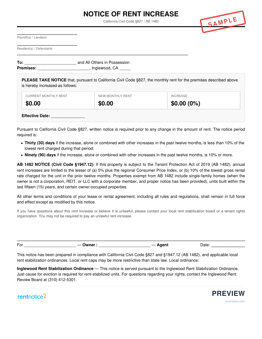 Preview of Rent Increase Notice for Inglewood