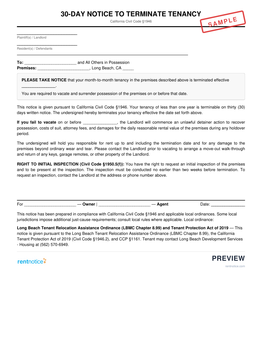 Preview of 30-Day Notice to Terminate Tenancy for Long Beach