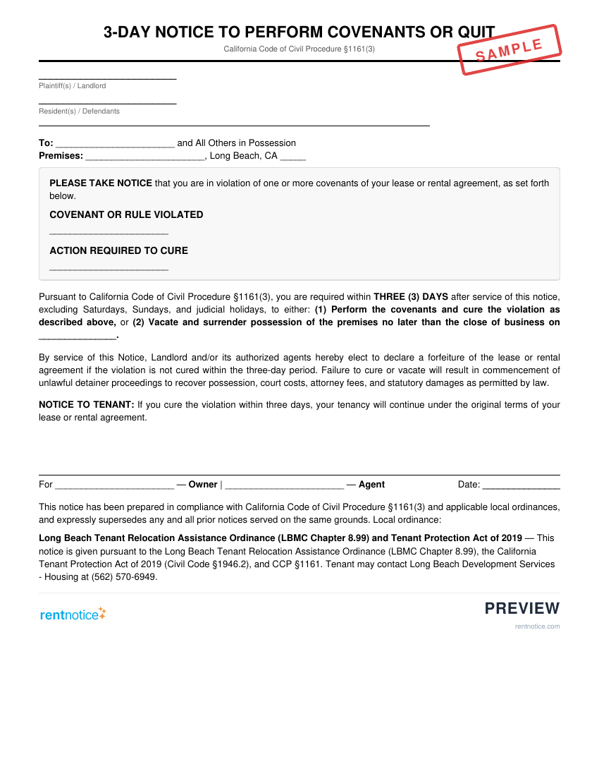 Preview of 3-Day Notice to Perform Covenants or Quit for Long Beach