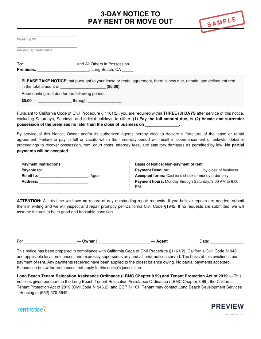 Preview of 3-Day Notice to Pay Rent or Quit for Long Beach
