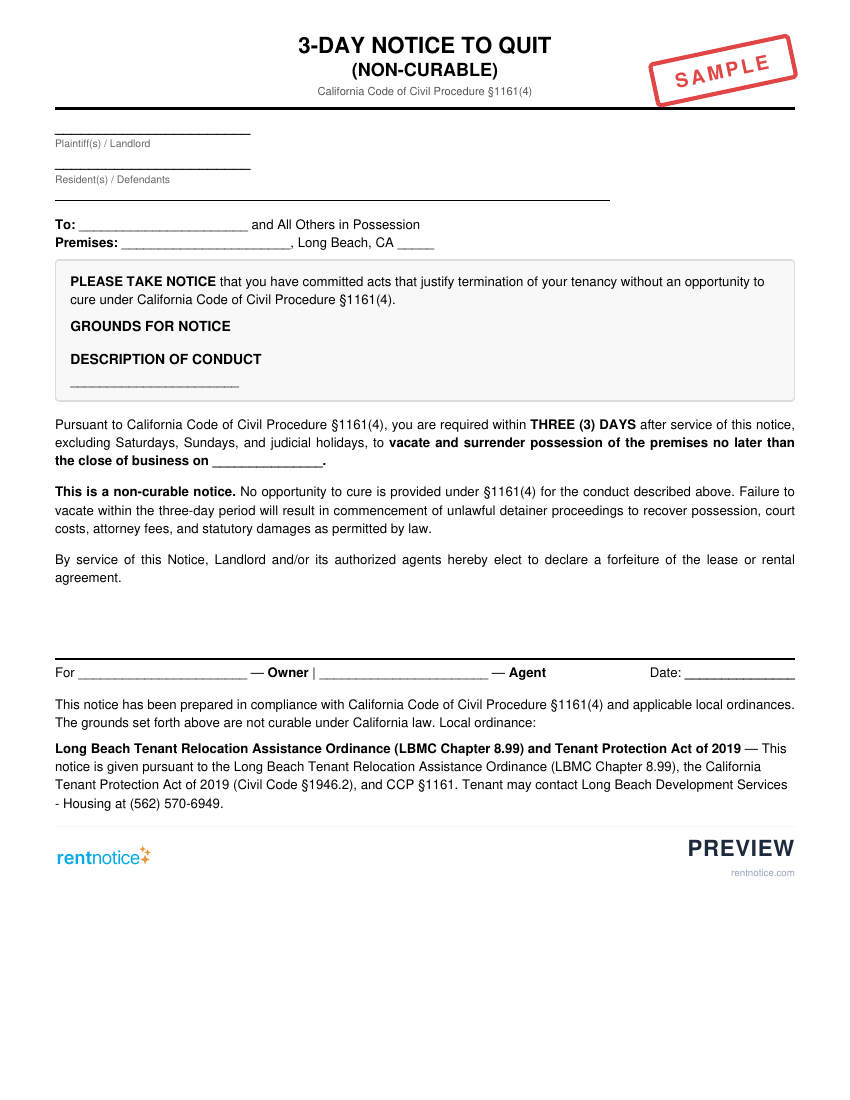 Preview of 3-Day Notice to Quit (Non-Curable) for Long Beach
