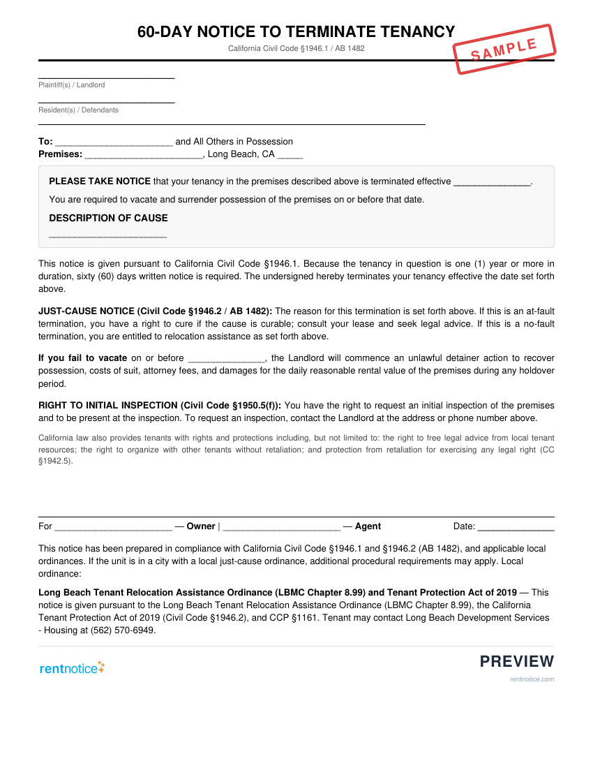 Preview of 60-Day Notice to Terminate Tenancy for Long Beach