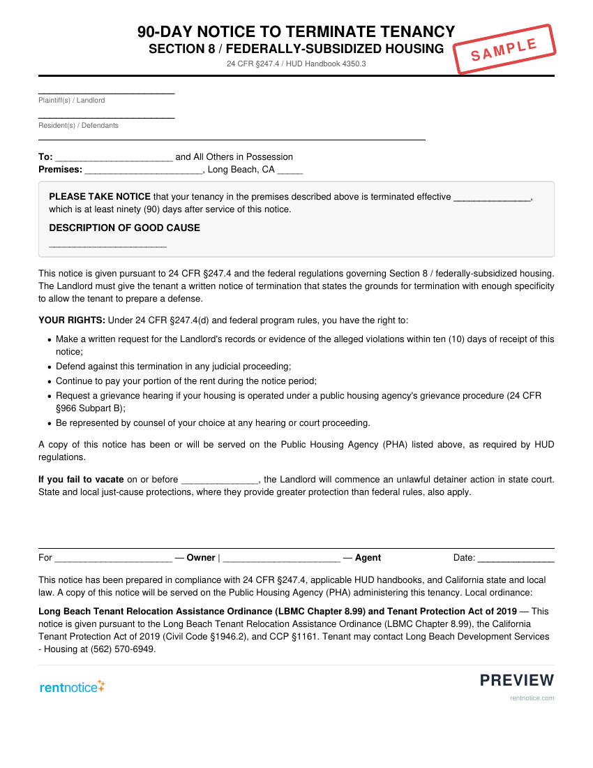 Preview of 90-Day Notice to Terminate Tenancy (Section 8) for Long Beach