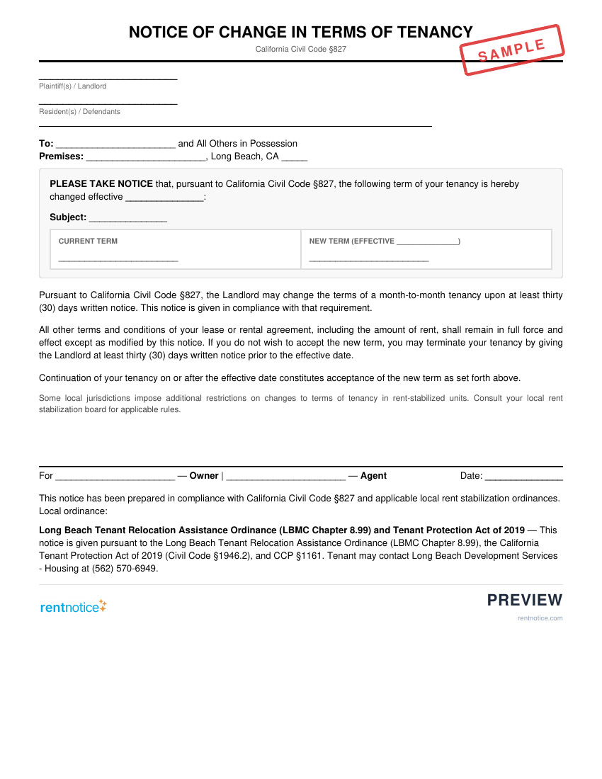 Preview of Notice of Change in Terms of Tenancy for Long Beach
