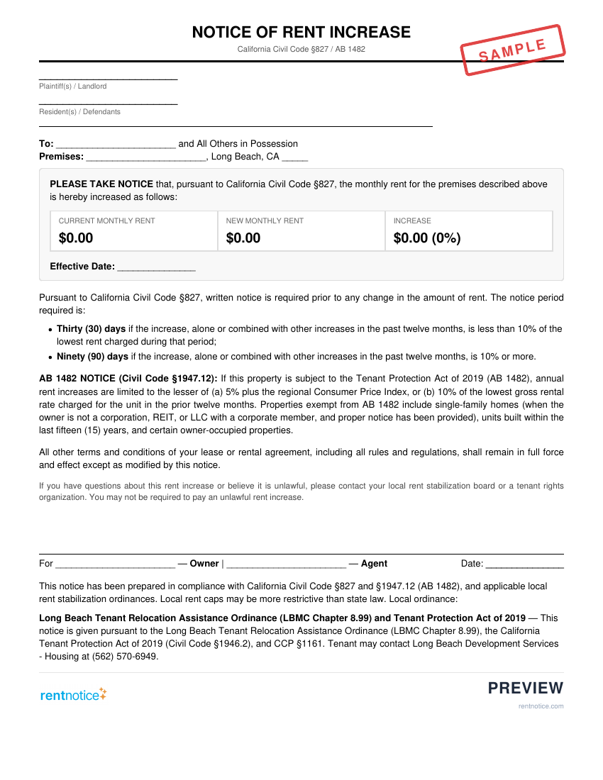 Preview of Rent Increase Notice for Long Beach