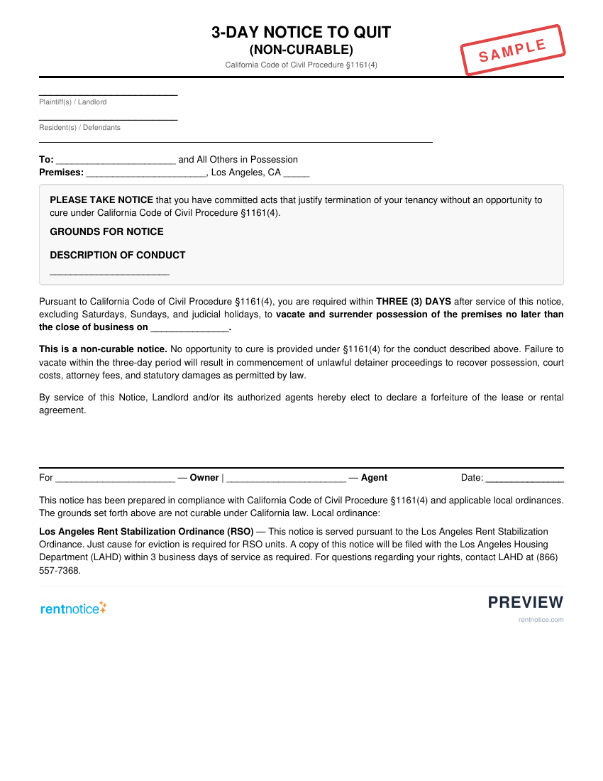 Preview of 3-Day Notice to Quit (Non-Curable) for City of Los Angeles