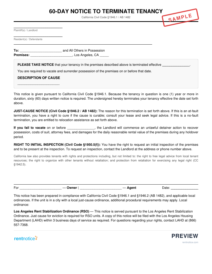 Preview of 60-Day Notice to Terminate Tenancy for City of Los Angeles